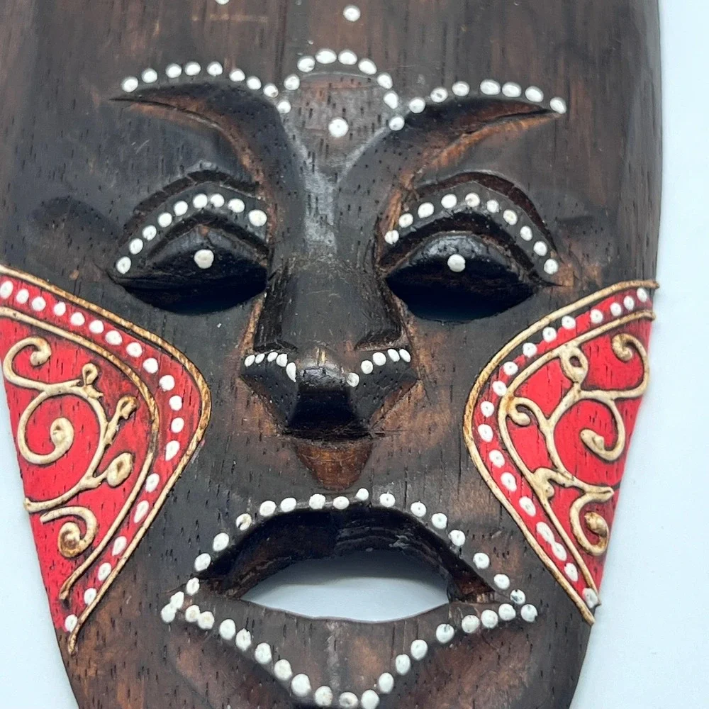 Tiki Mask Hand Carved & Painted Wood Brown Red White Dot‎ Tribal Indonesia Art